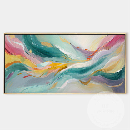 Large Abstract Wave Painting, Teal Pink Wall Art, Modern Luxury Canvas, Hand Pai #11