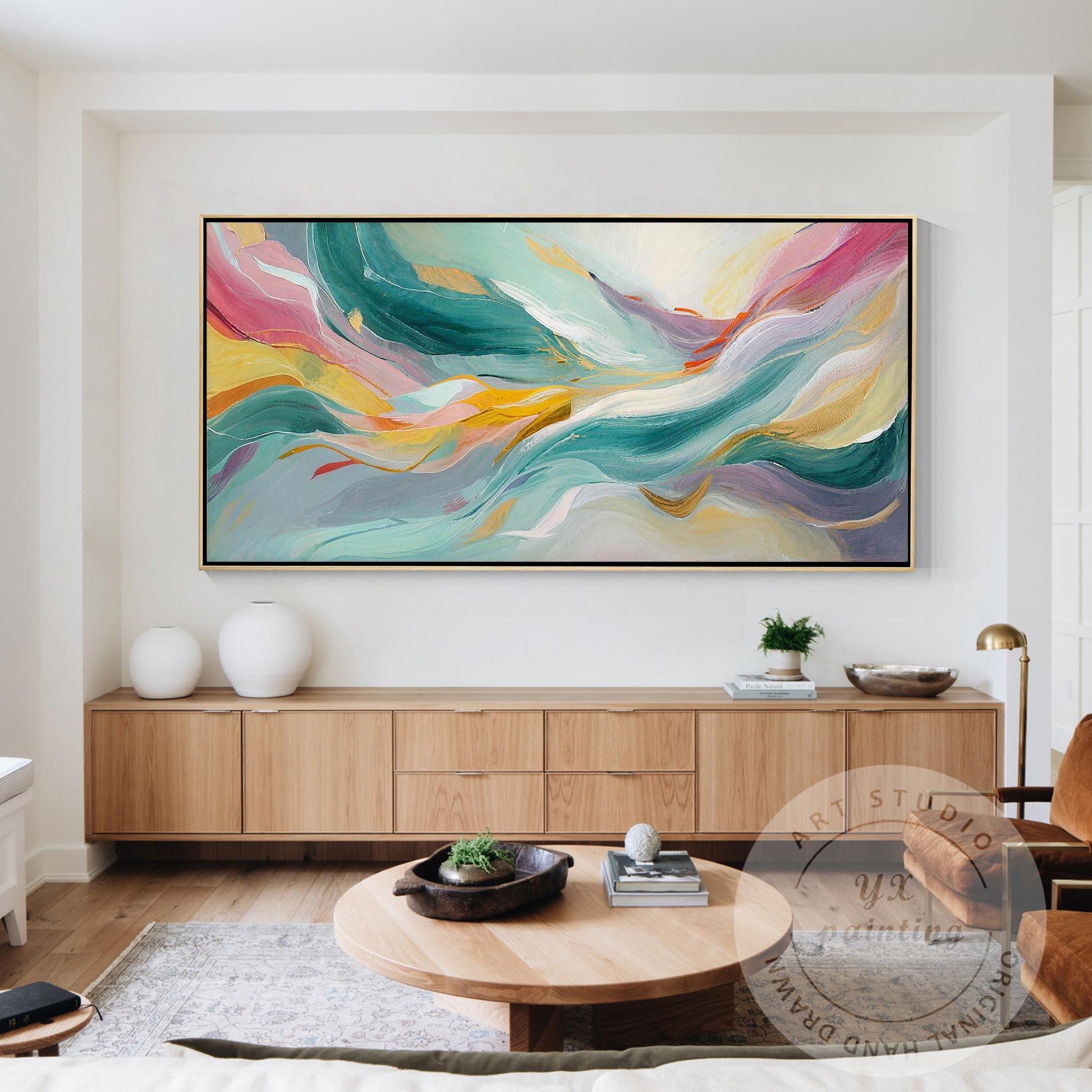 Large Abstract Wave Painting, Teal Pink Wall Art, Modern Luxury Canvas, Hand Pai #3