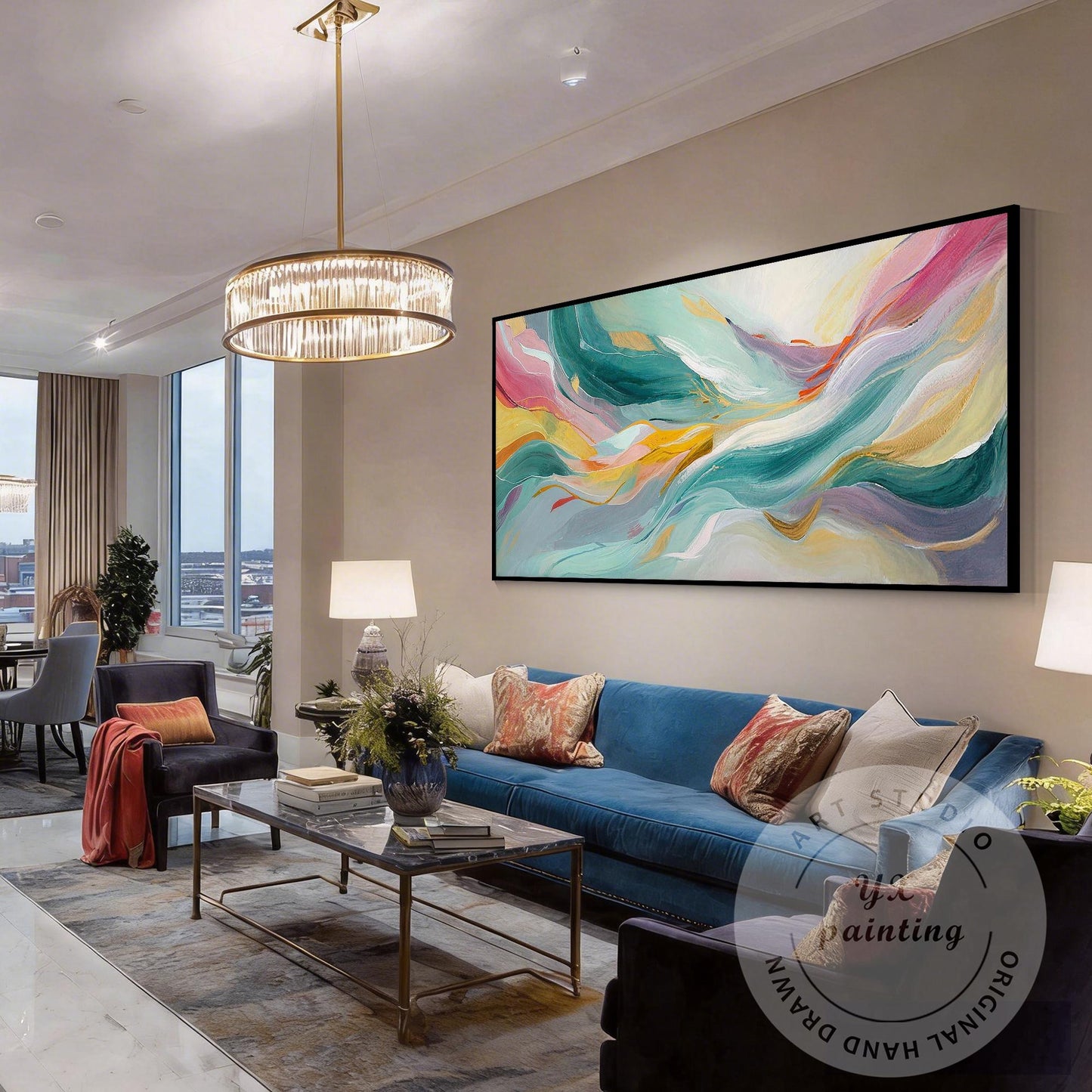 Large Abstract Wave Painting, Teal Pink Wall Art, Modern Luxury Canvas, Hand Pai #4