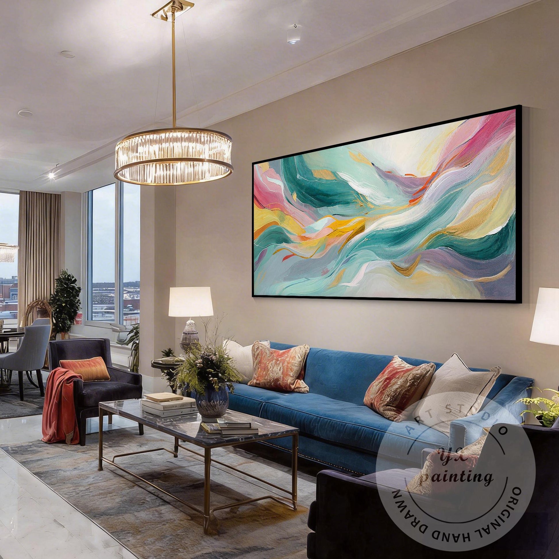 Large Abstract Wave Painting, Teal Pink Wall Art, Modern Luxury Canvas, Hand Pai #4