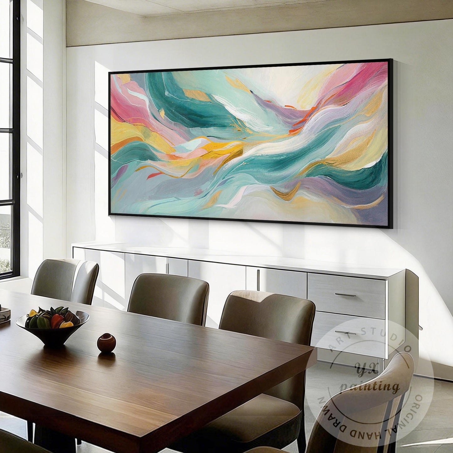 Large Abstract Wave Painting, Teal Pink Wall Art, Modern Luxury Canvas, Hand Pai #5
