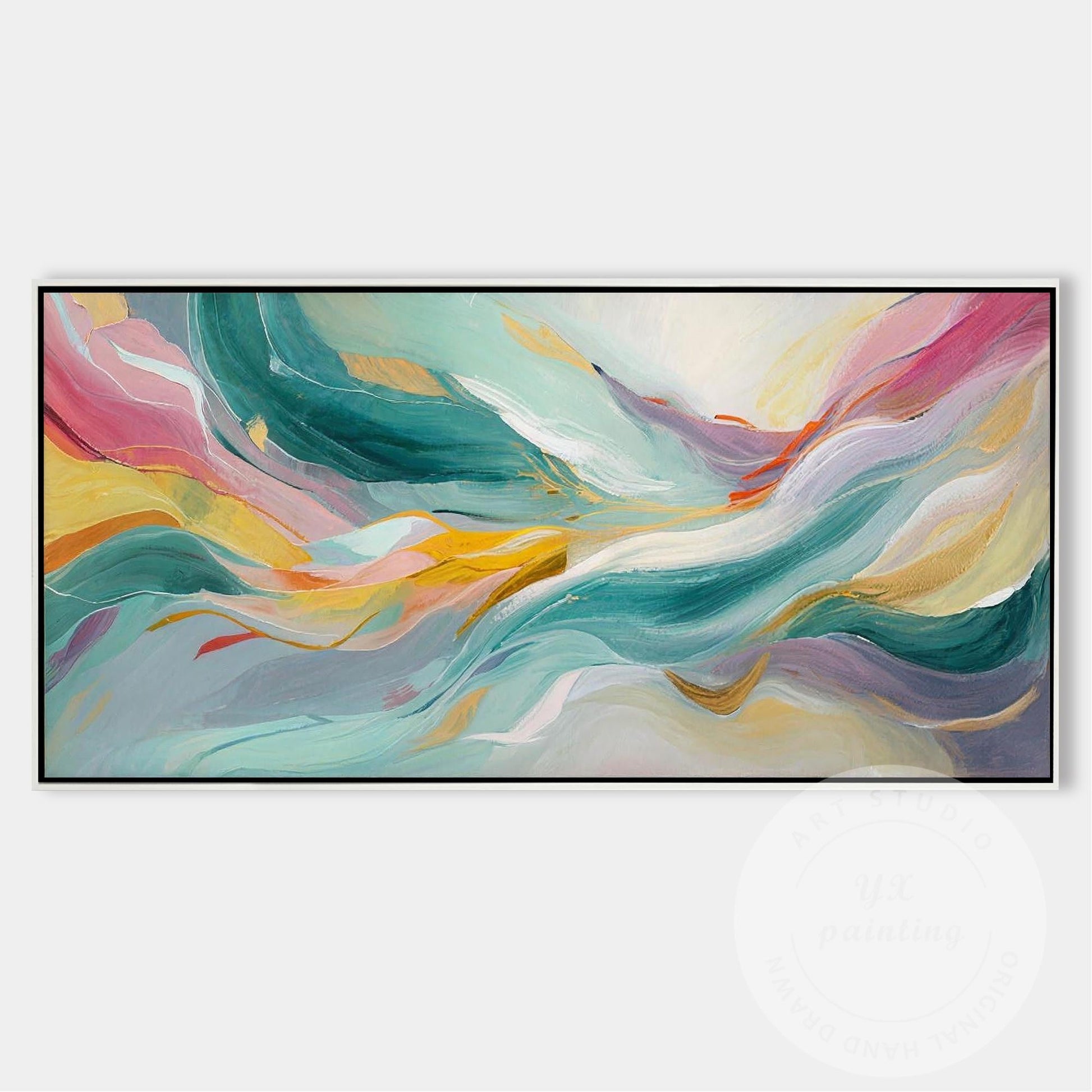 Large Abstract Wave Painting, Teal Pink Wall Art, Modern Luxury Canvas, Hand Pai #6