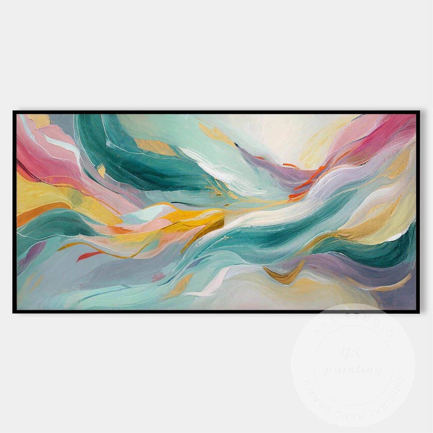 Large Abstract Wave Painting, Teal Pink Wall Art, Modern Luxury Canvas, Hand Pai #7