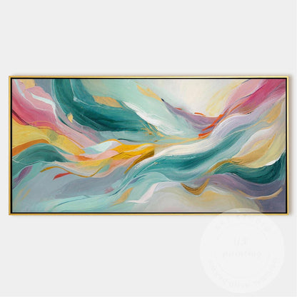 Large Abstract Wave Painting, Teal Pink Wall Art, Modern Luxury Canvas, Hand Pai #8