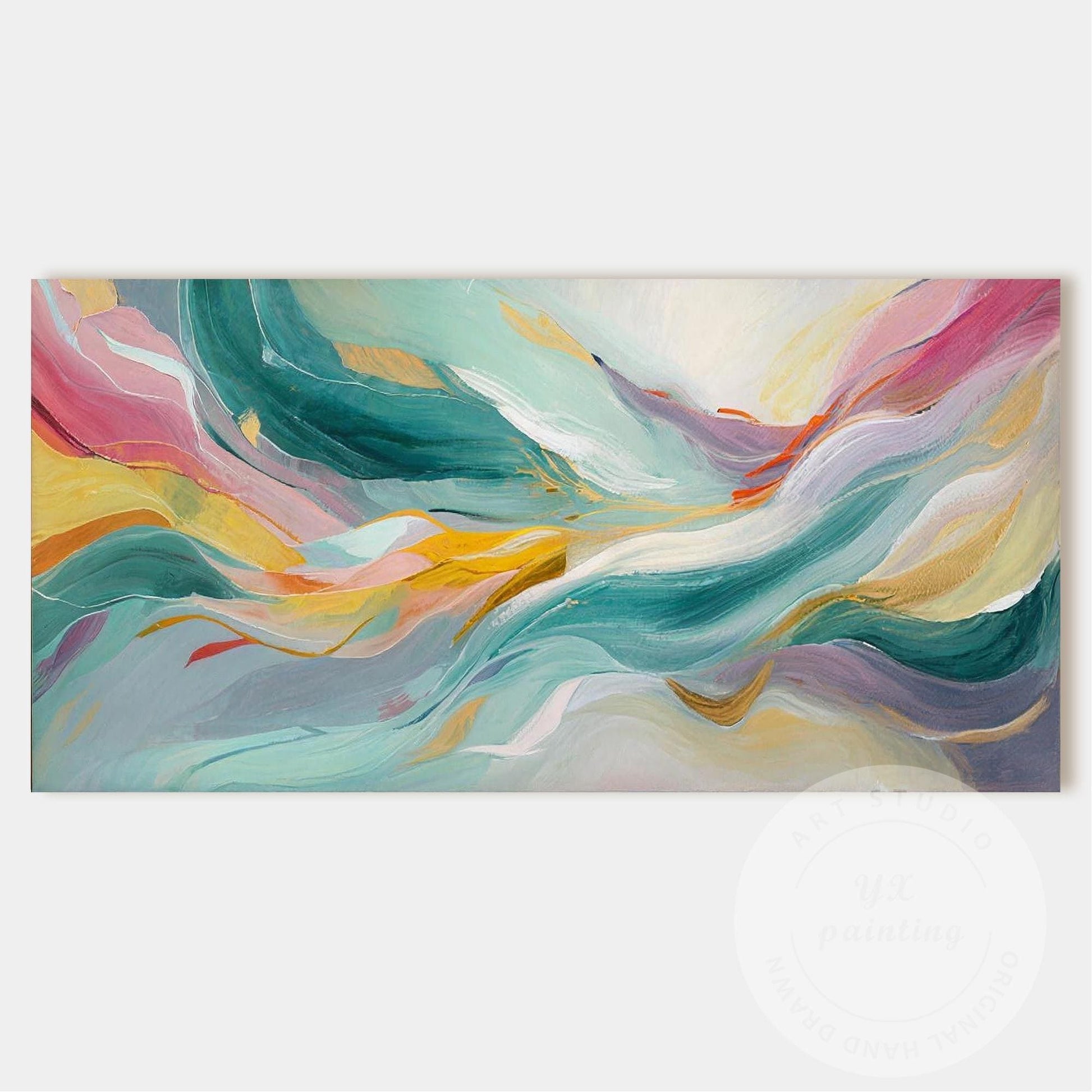Large Abstract Wave Painting, Teal Pink Wall Art, Modern Luxury Canvas, Hand Pai #9