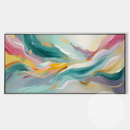 Large Abstract Wave Painting, Teal Pink Wall Art, Modern Luxury Canvas, Hand Pai #10