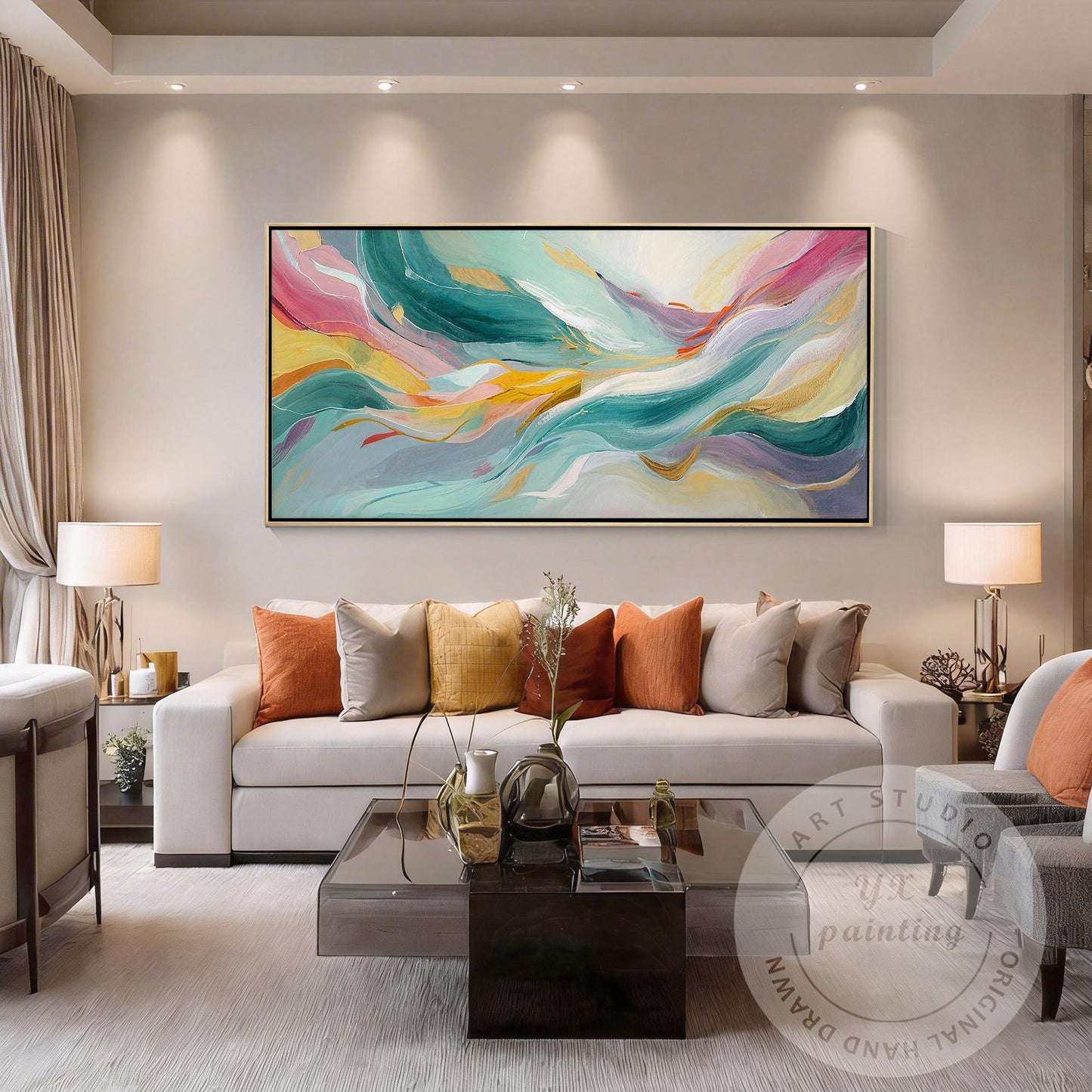 Large Abstract Wave Painting, Teal Pink Wall Art, Modern Luxury Canvas, Hand Pai #1