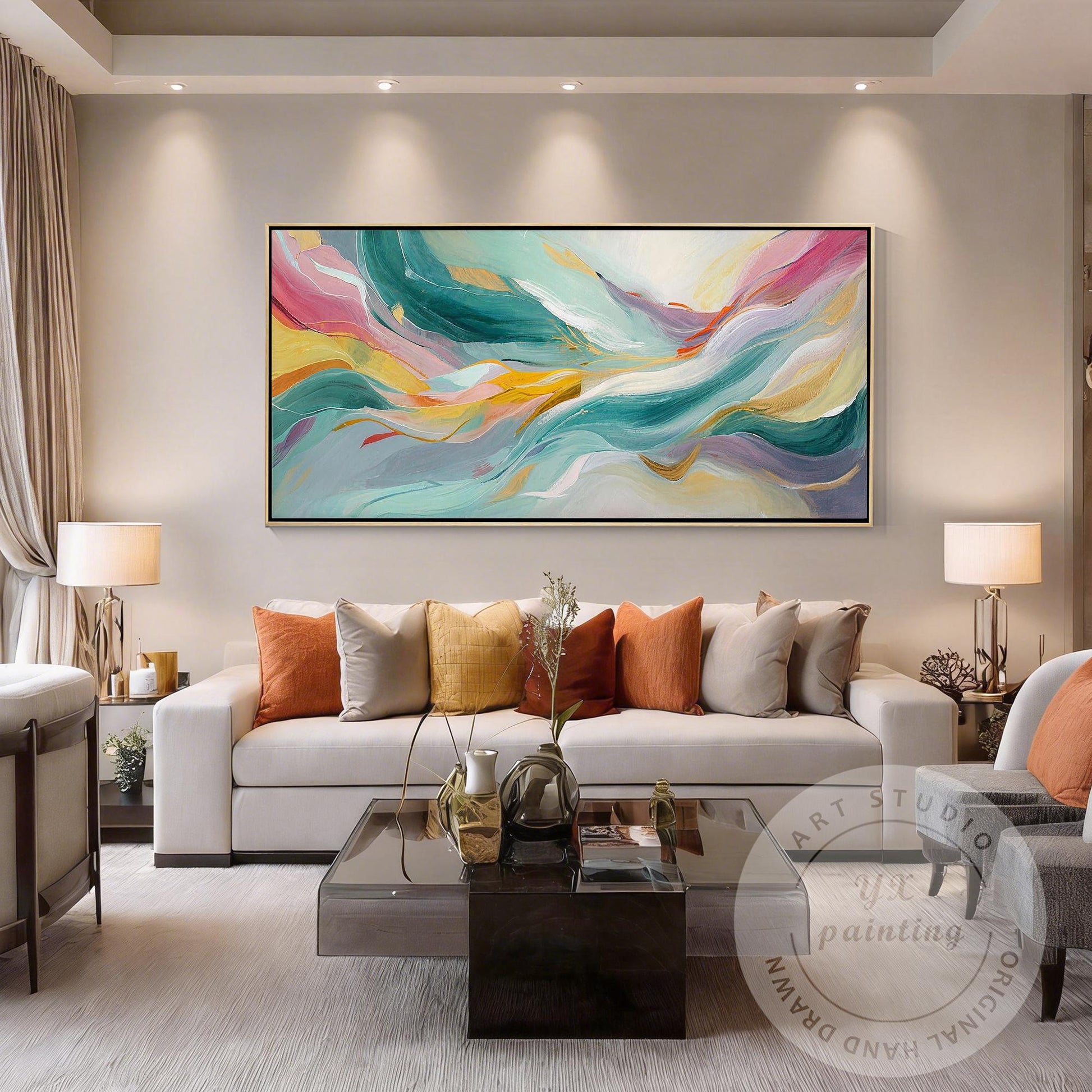 Large Abstract Wave Painting, Teal Pink Wall Art, Modern Luxury Canvas, Hand Pai #1