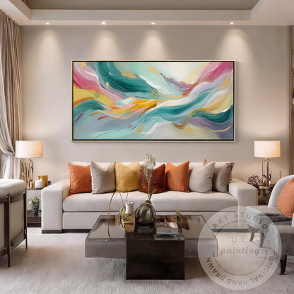 Large Abstract Wave Painting, Teal Pink Wall Art, Modern Luxury Canvas, Hand Pai #1
