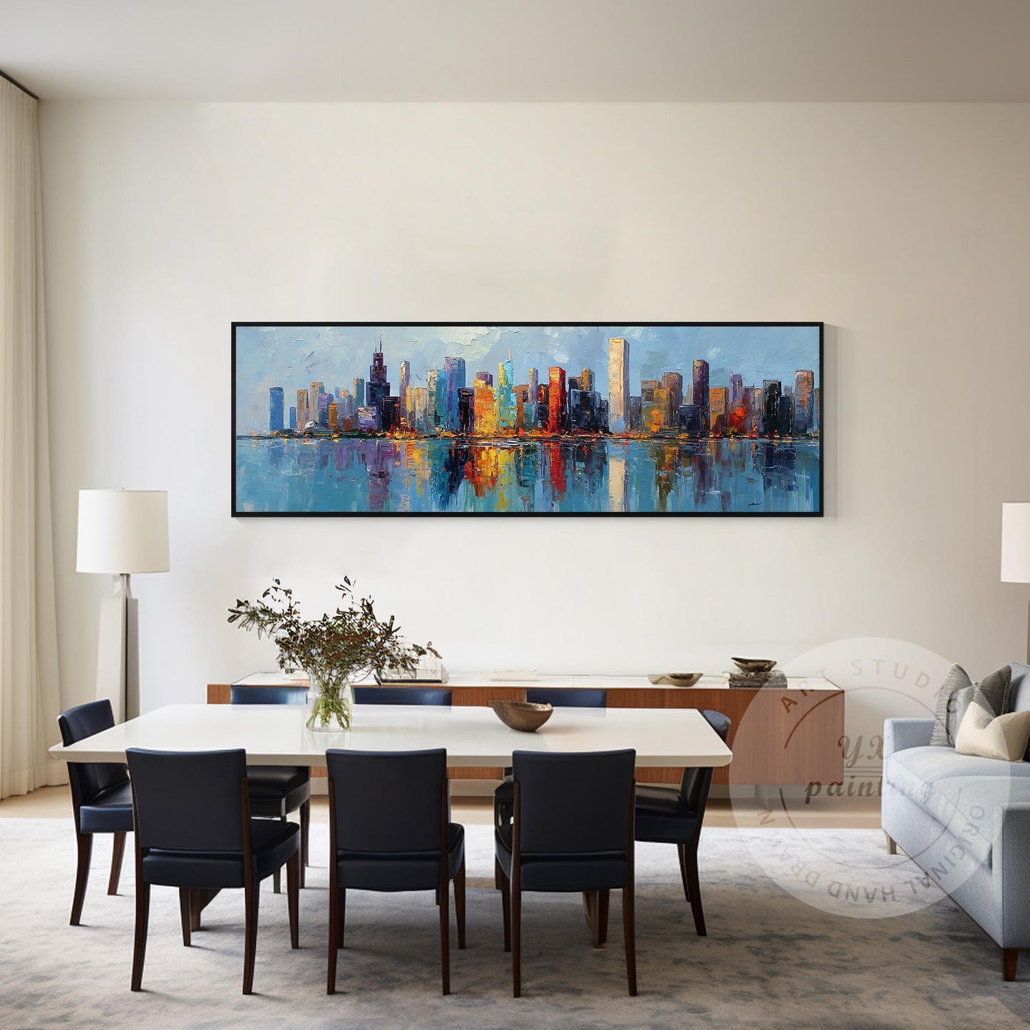 Large Chicago Skyline Canvas Art, Wide Panoramic Cityscape Painting, Impressioni #2