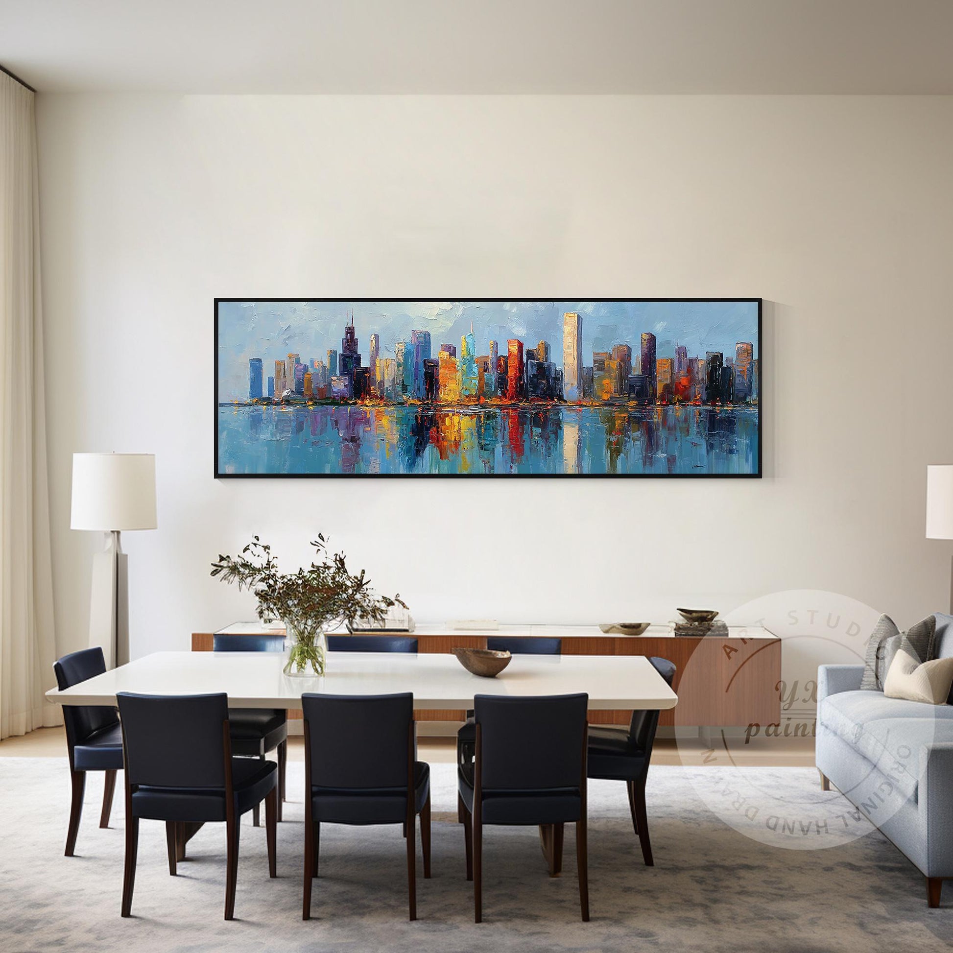 Large Chicago Skyline Canvas Art, Wide Panoramic Cityscape Painting, Impressioni #2