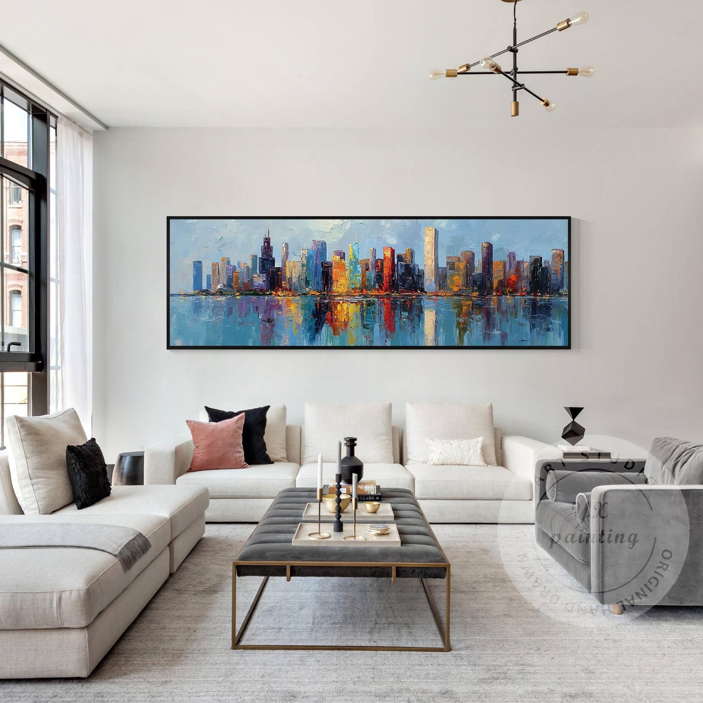 Large Chicago Skyline Canvas Art, Wide Panoramic Cityscape Painting, Impressioni #3
