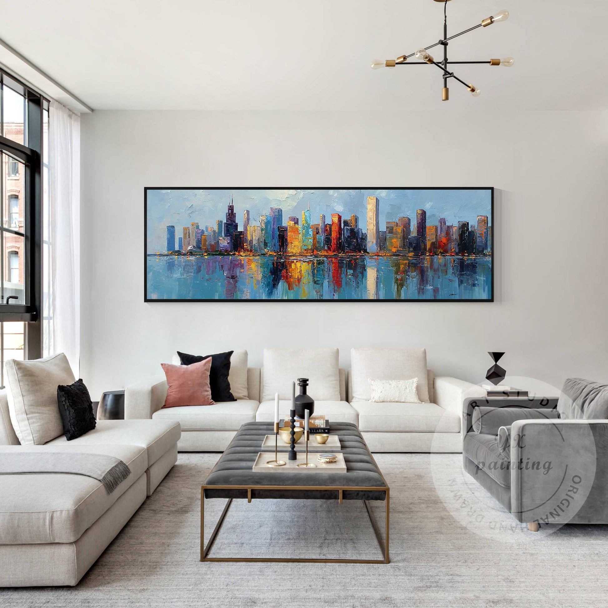 Large Chicago Skyline Canvas Art, Wide Panoramic Cityscape Painting, Impressioni #3