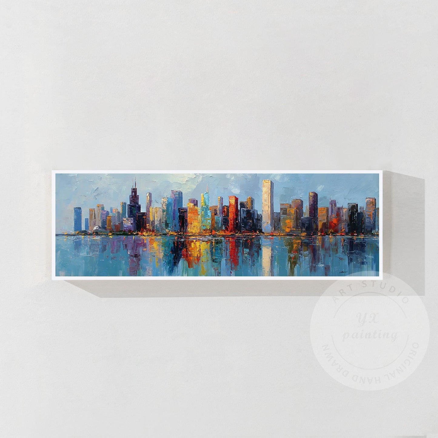 Large Chicago Skyline Canvas Art, Wide Panoramic Cityscape Painting, Impressioni #6