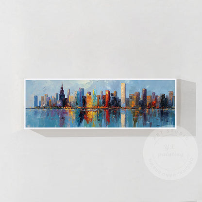 Large Chicago Skyline Canvas Art, Wide Panoramic Cityscape Painting, Impressioni #6