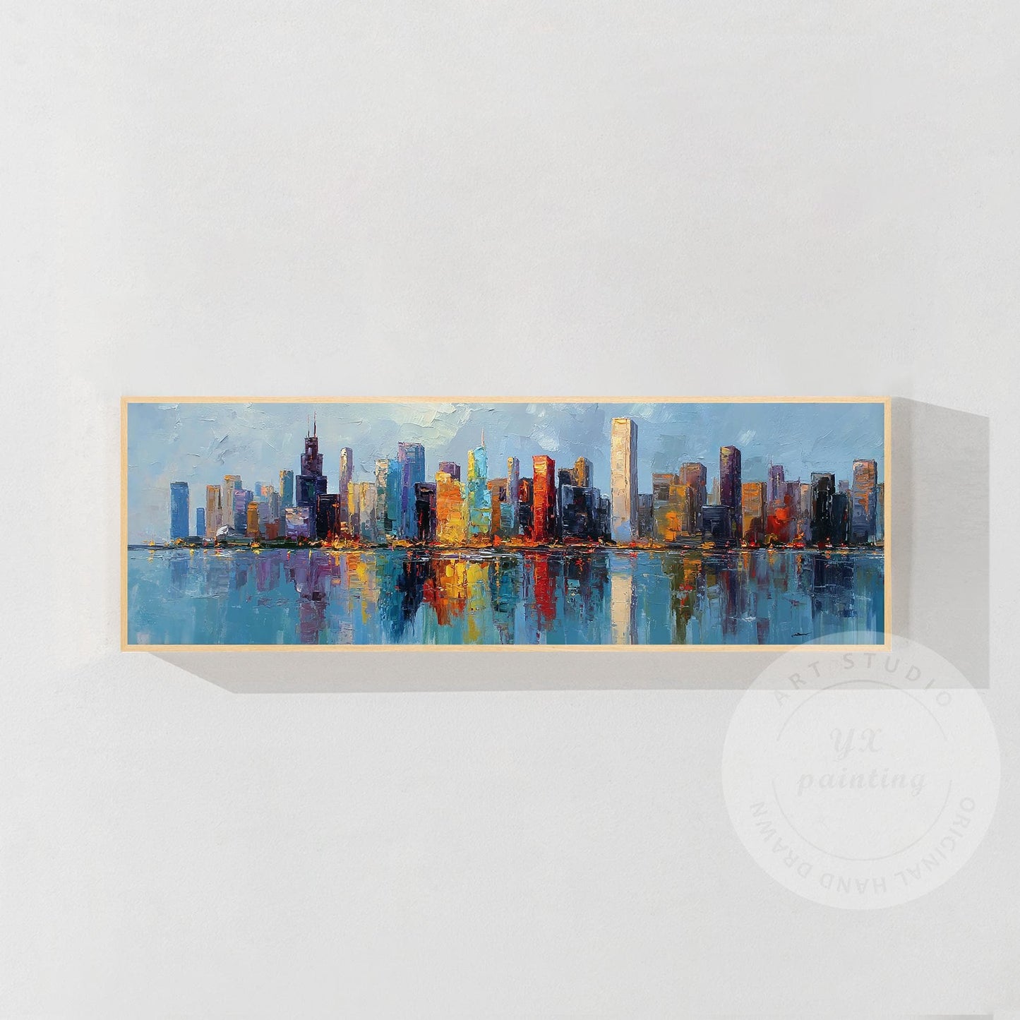Large Chicago Skyline Canvas Art, Wide Panoramic Cityscape Painting, Impressioni #8