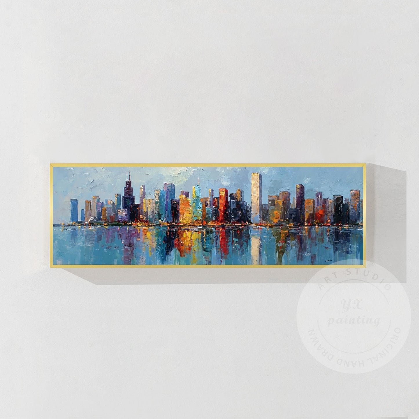 Large Chicago Skyline Canvas Art, Wide Panoramic Cityscape Painting, Impressioni #9