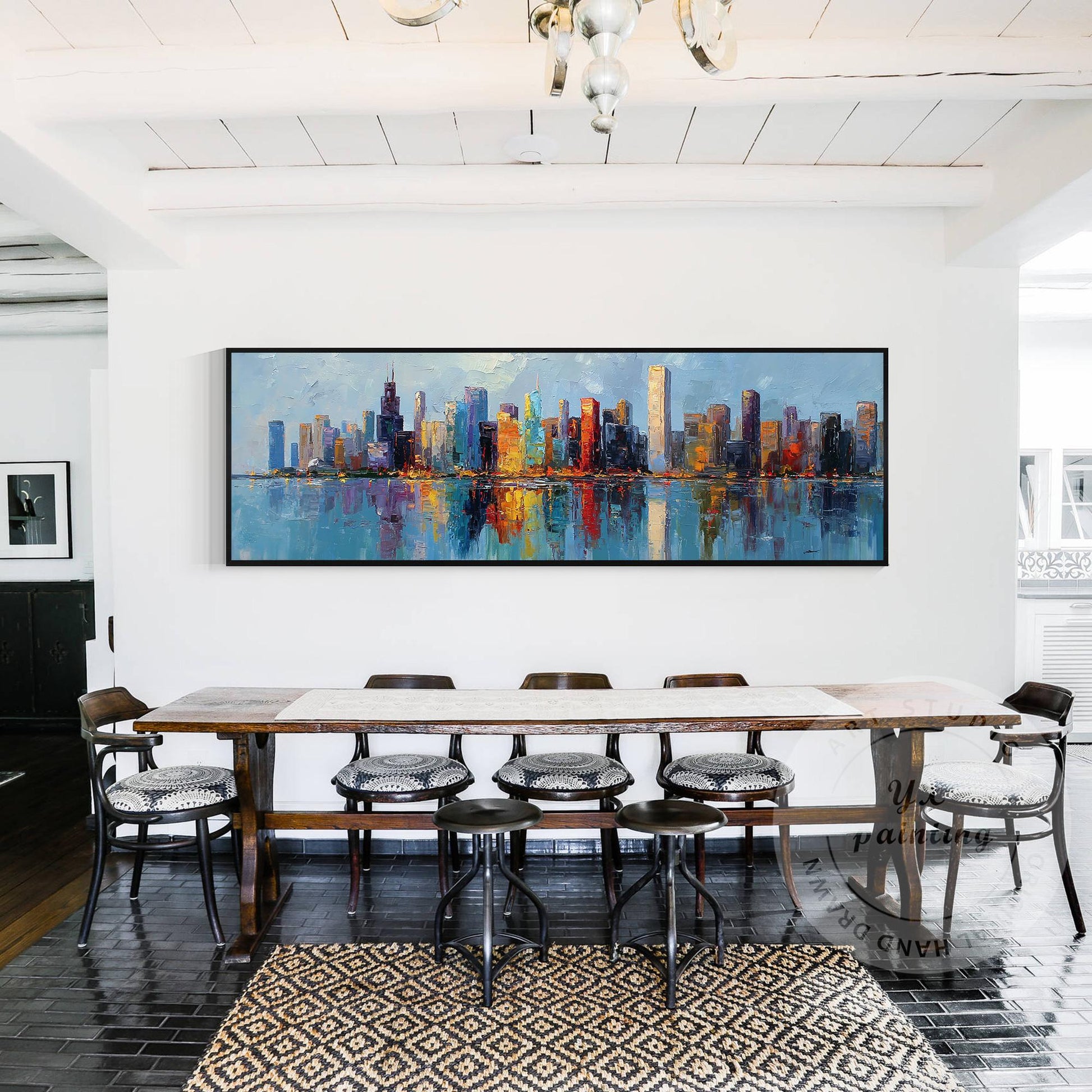 Large Chicago Skyline Canvas Art, Wide Panoramic Cityscape Painting, Impressioni #1