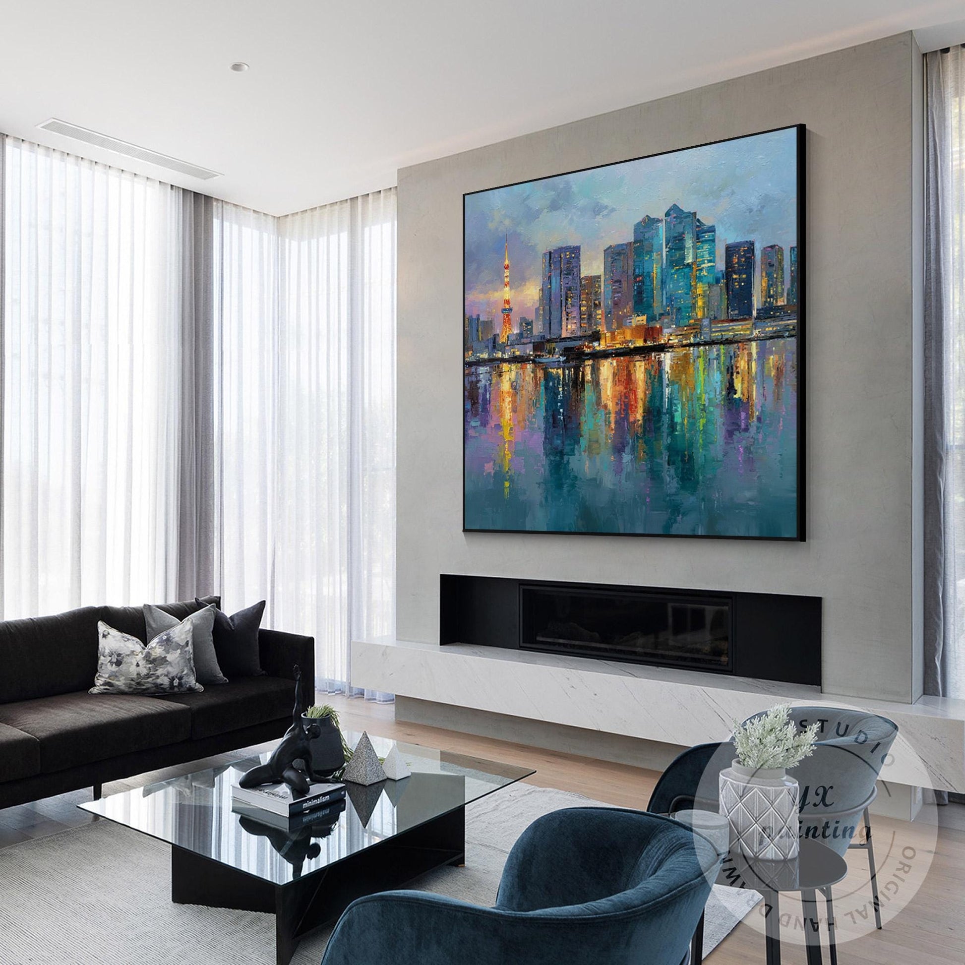 Large Hand-Painted Tokyo City Wall Art, Abstract Urban Skyline Painting, Oversiz #2