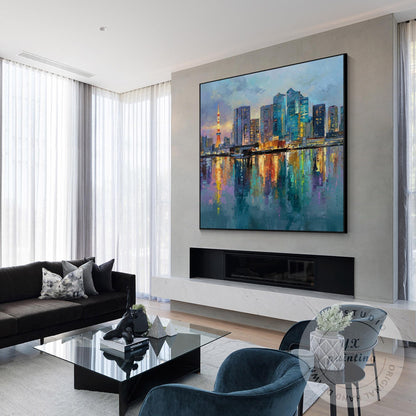 Large Hand-Painted Tokyo City Wall Art, Abstract Urban Skyline Painting, Oversiz #2