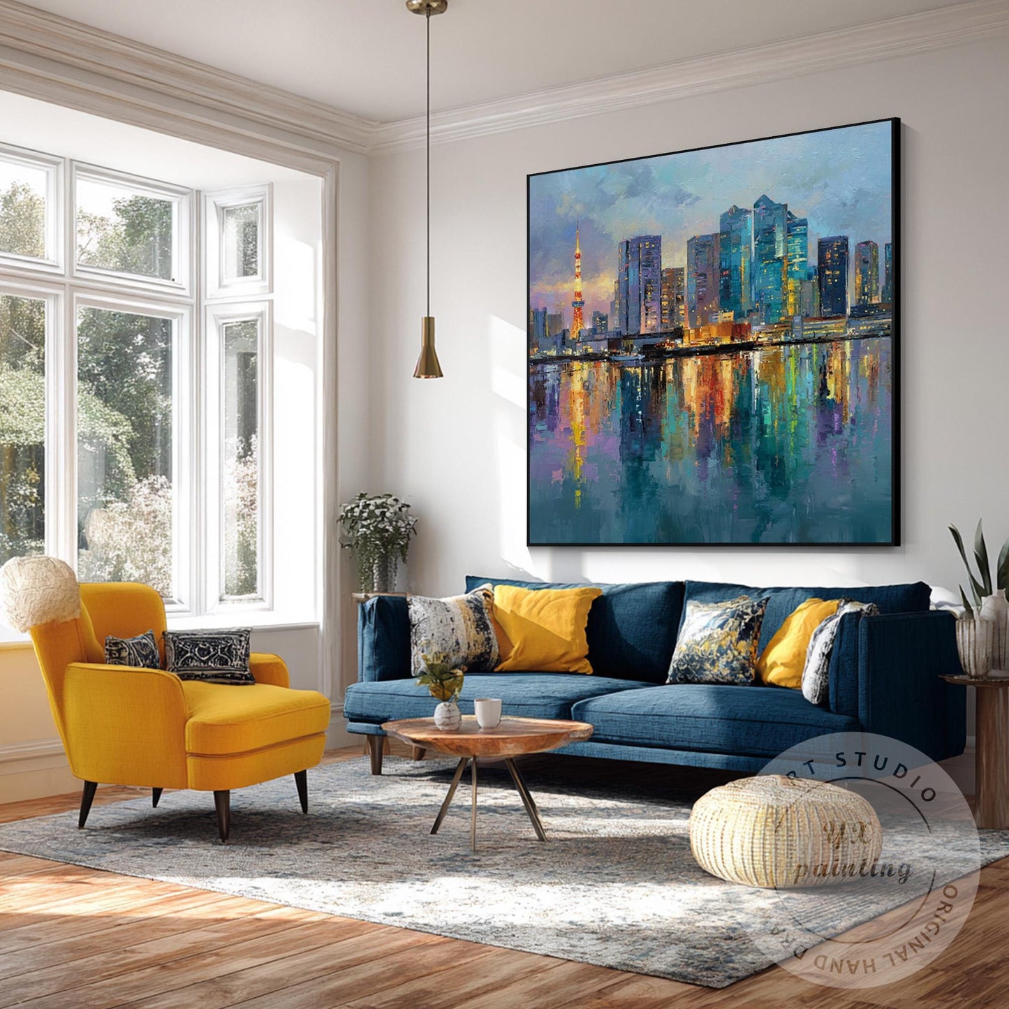 Large Hand-Painted Tokyo City Wall Art, Abstract Urban Skyline Painting, Oversiz #3