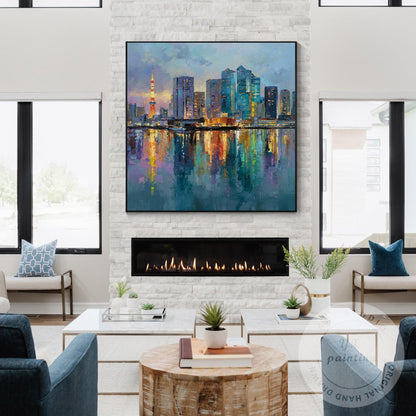 Large Hand-Painted Tokyo City Wall Art, Abstract Urban Skyline Painting, Oversiz #4