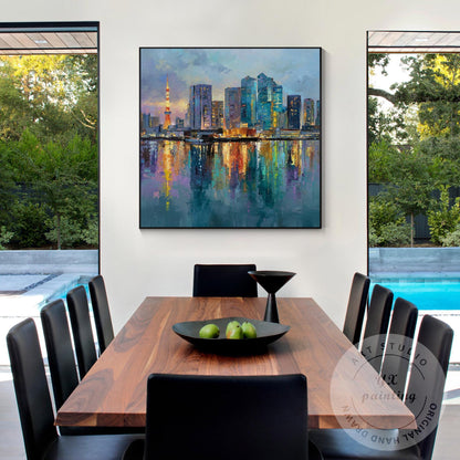 Large Hand-Painted Tokyo City Wall Art, Abstract Urban Skyline Painting, Oversiz #5
