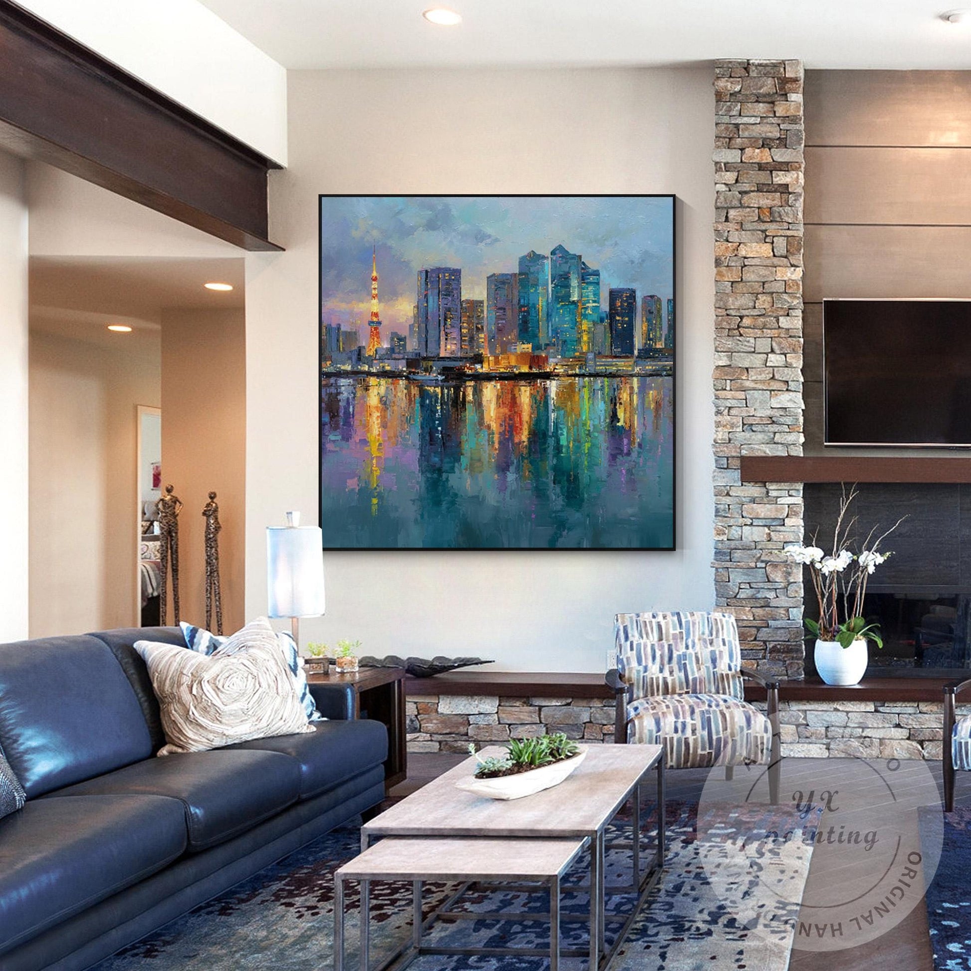 Large Hand-Painted Tokyo City Wall Art, Abstract Urban Skyline Painting, Oversiz #6