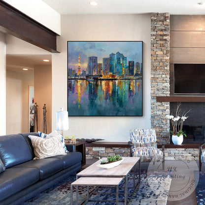 Large Hand-Painted Tokyo City Wall Art, Abstract Urban Skyline Painting, Oversiz #6