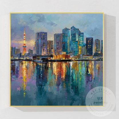 Large Hand-Painted Tokyo City Wall Art, Abstract Urban Skyline Painting, Oversiz #9