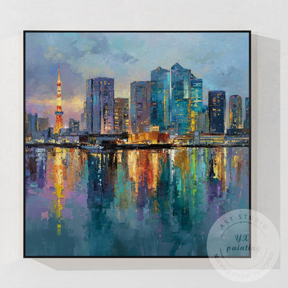 Large Hand-Painted Tokyo City Wall Art, Abstract Urban Skyline Painting, Oversiz #1