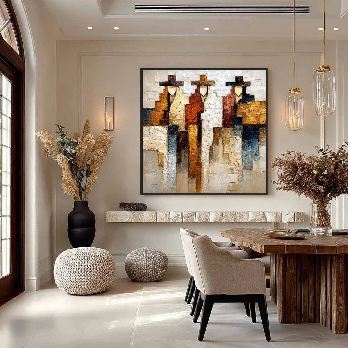 FRONTIER ECHOES: Large Textured Abstract Figurative Palette Knife Painting | gold frame stretched on neutral wall