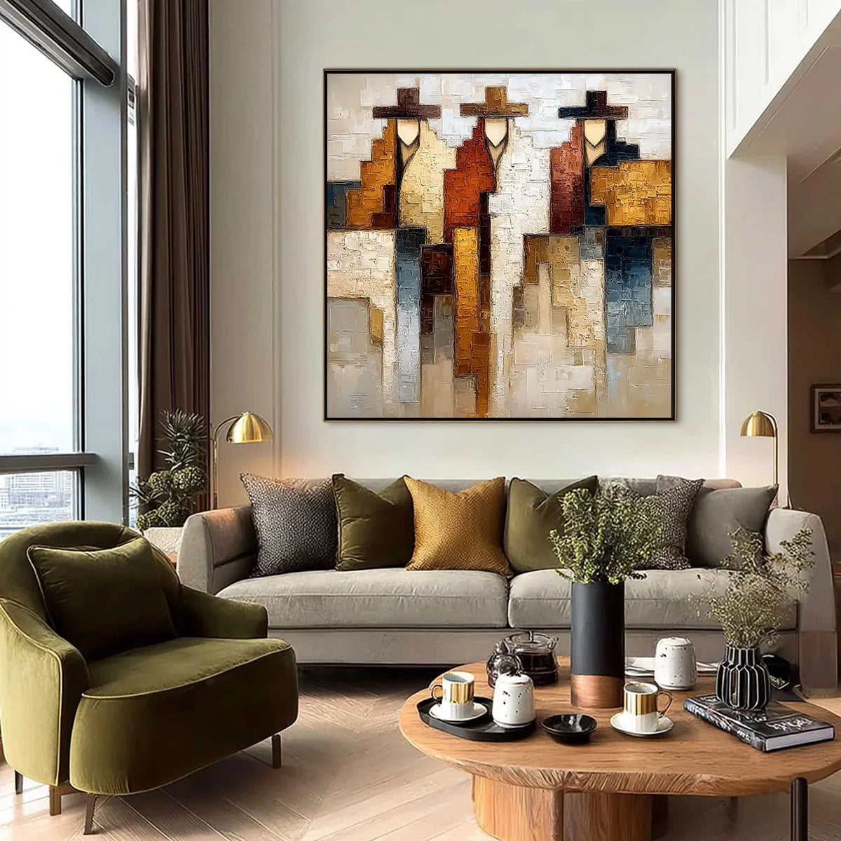 FRONTIER ECHOES: Large Textured Abstract Figurative Palette Knife Painting | black frame version on white wall