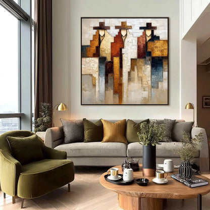 FRONTIER ECHOES: Large Textured Abstract Figurative Palette Knife Painting | black frame version on white wall