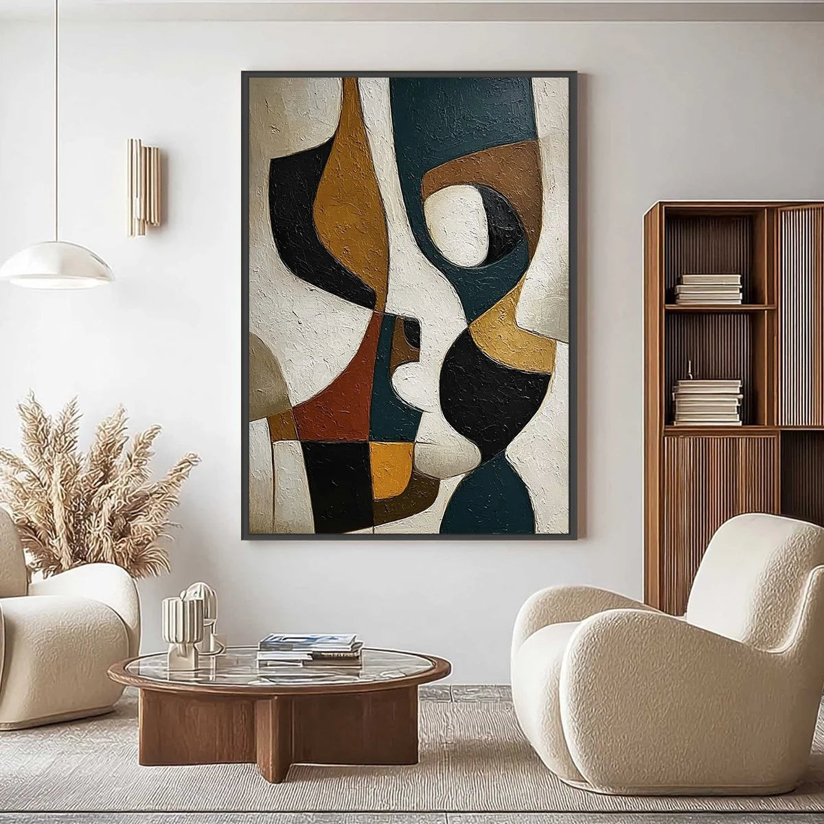CONVERGENCE: Large Textured Geometric Abstract Oil Painting | gold frame stretched on neutral wall