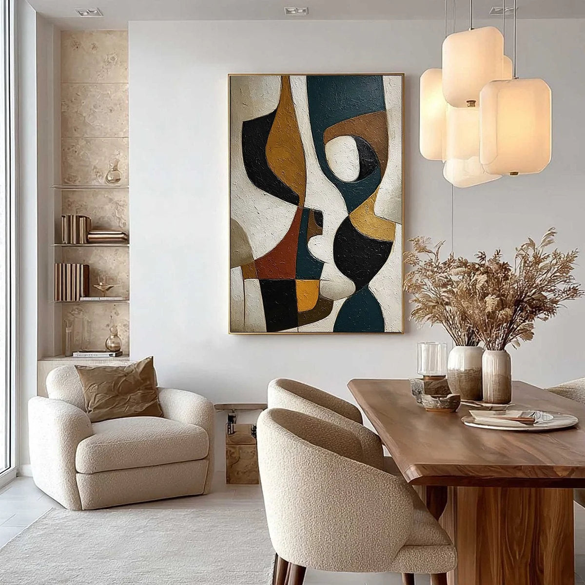 CONVERGENCE: Large Textured Geometric Abstract Oil Painting | black frame version on white wall