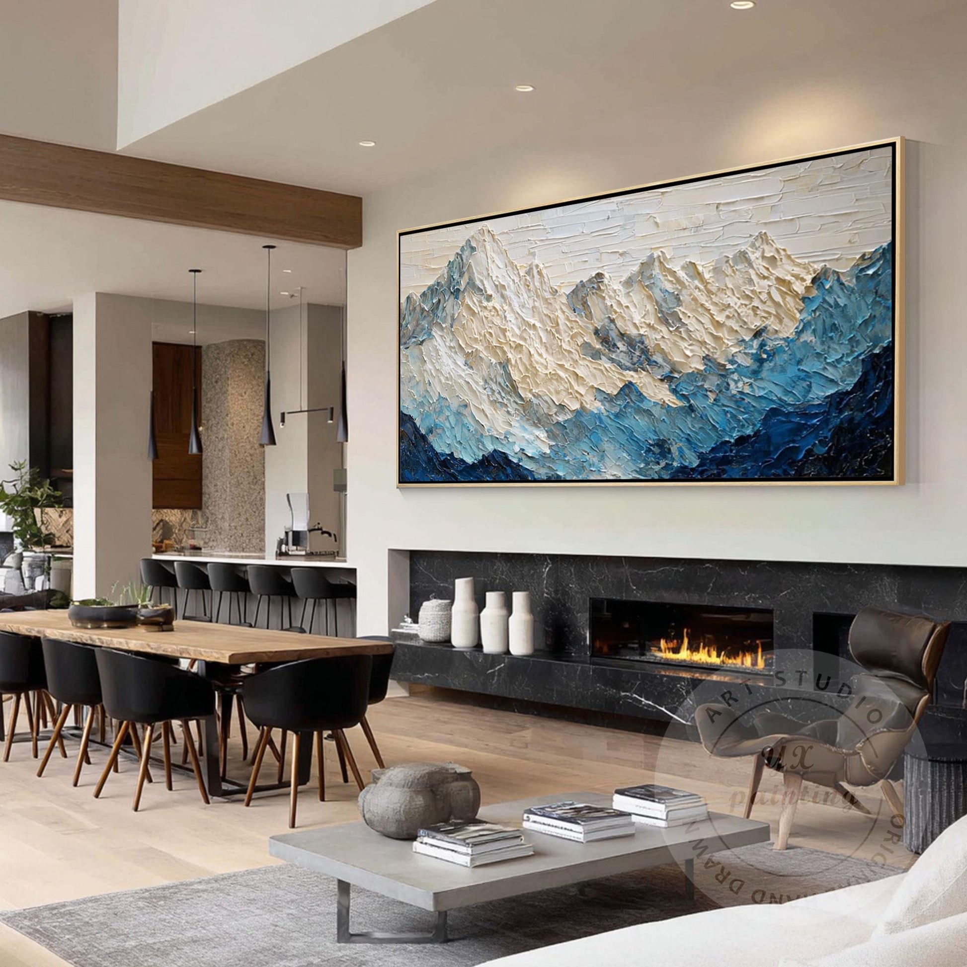 Large Textured Mountain Wall Art, Snow Peak Landscape Painting, Blue White Abstr #2