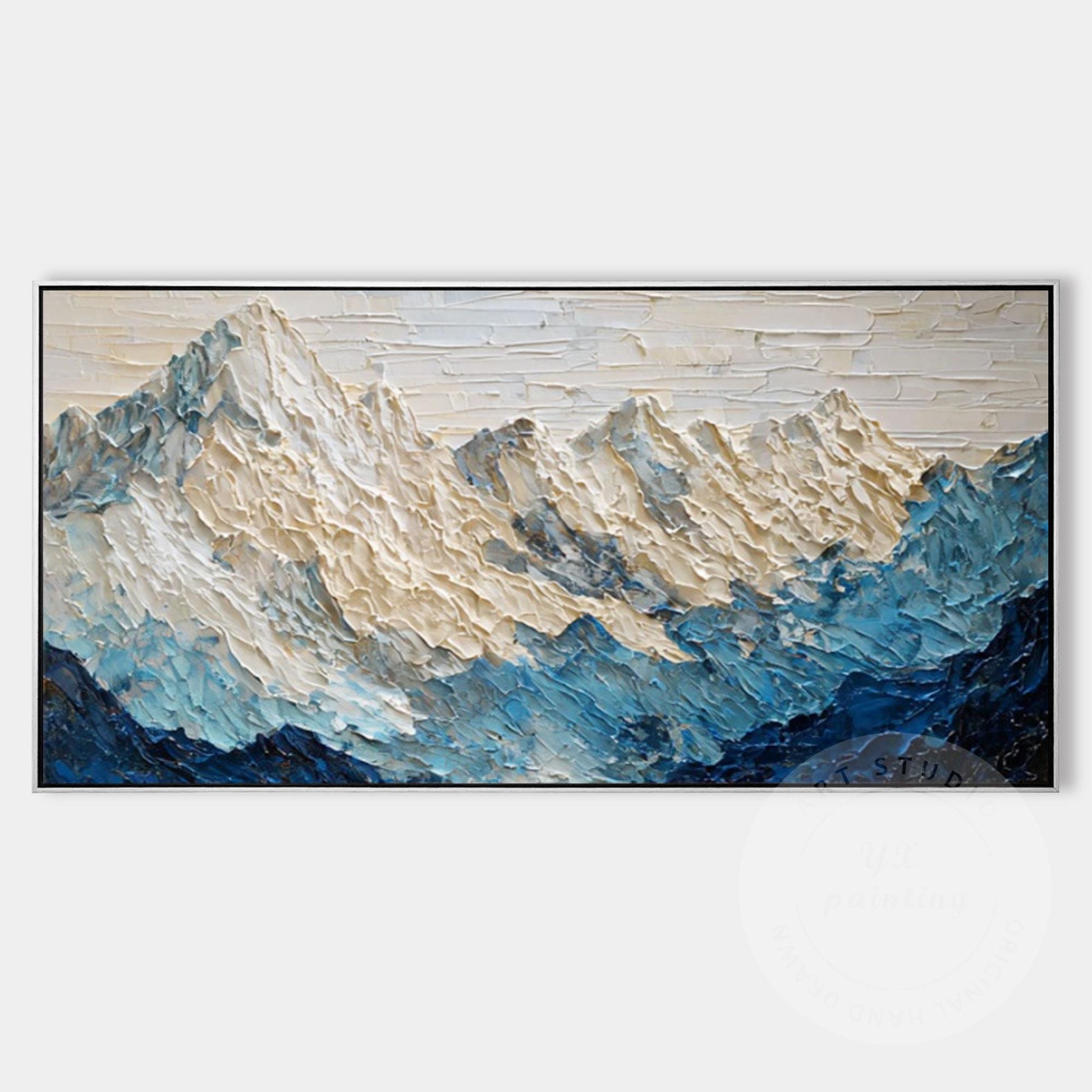 Large Textured Mountain Wall Art, Snow Peak Landscape Painting, Blue White Abstr #11