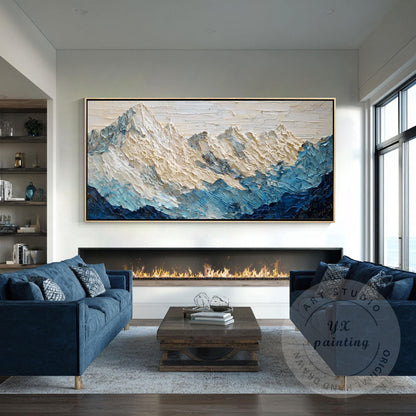 Large Textured Mountain Wall Art, Snow Peak Landscape Painting, Blue White Abstr #3