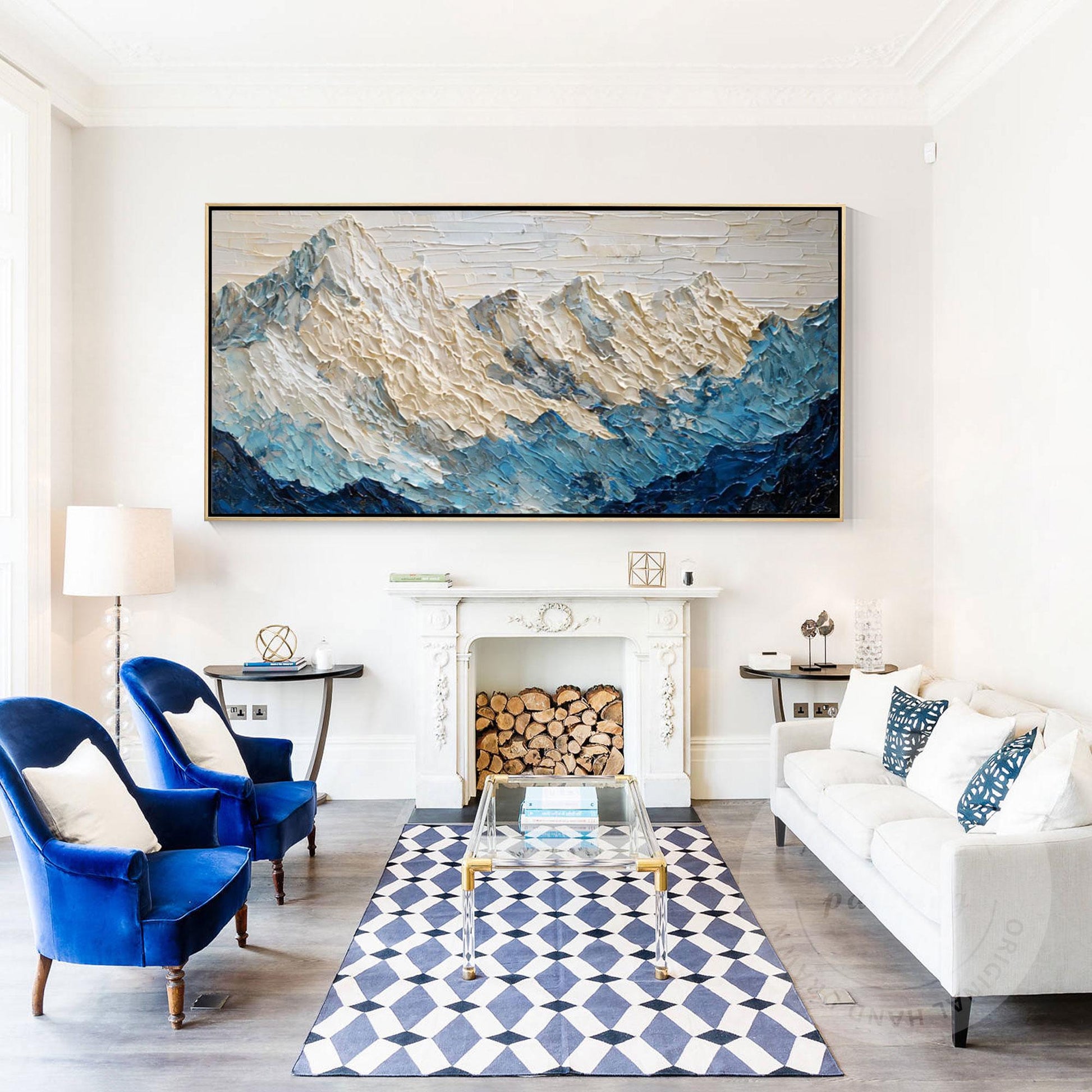 Large Textured Mountain Wall Art, Snow Peak Landscape Painting, Blue White Abstr #4