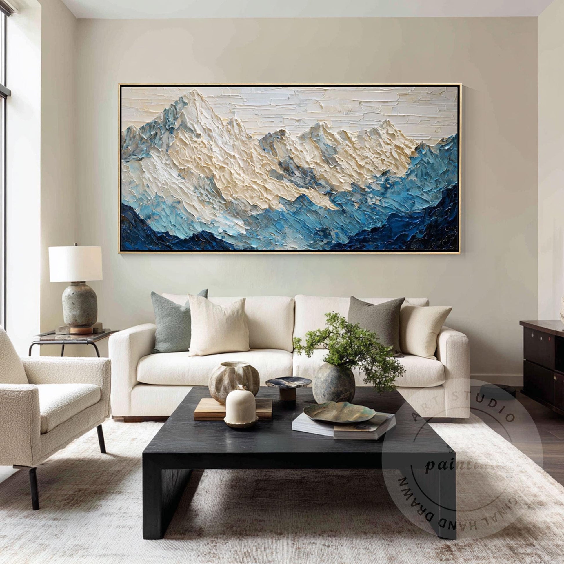 Large Textured Mountain Wall Art, Snow Peak Landscape Painting, Blue White Abstr #5
