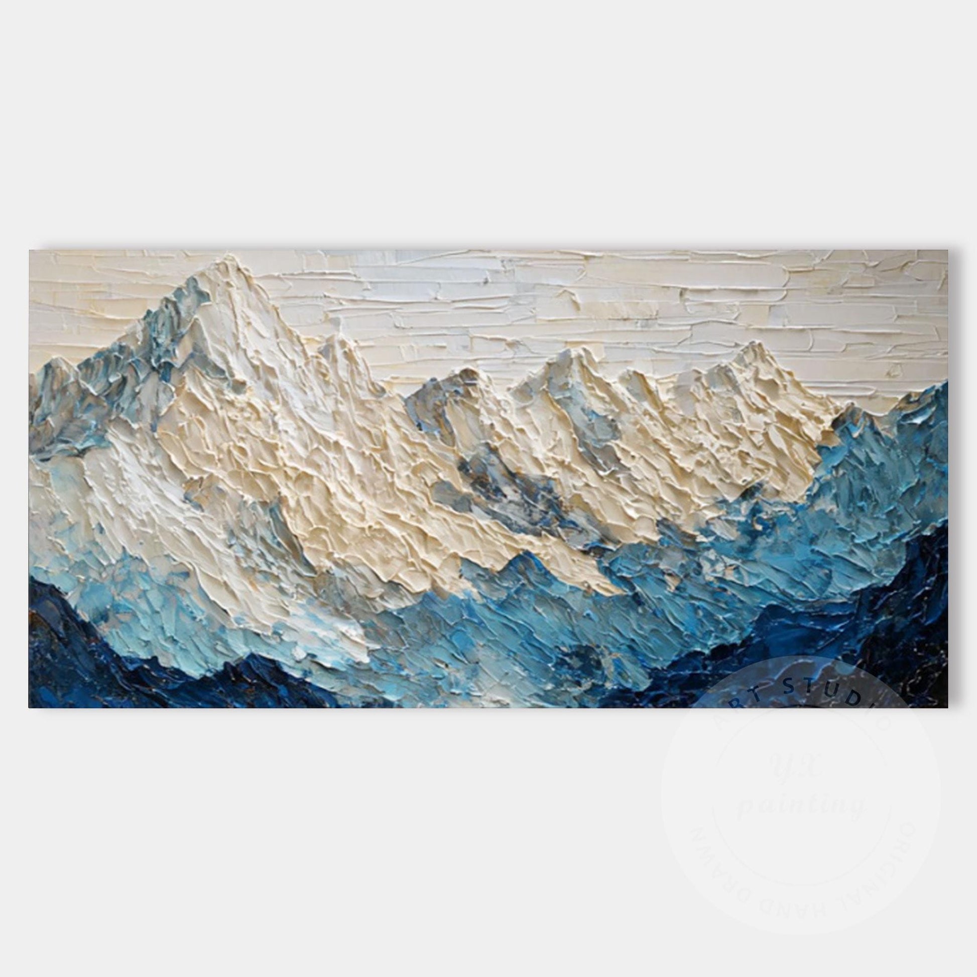 Large Textured Mountain Wall Art, Snow Peak Landscape Painting, Blue White Abstr #7