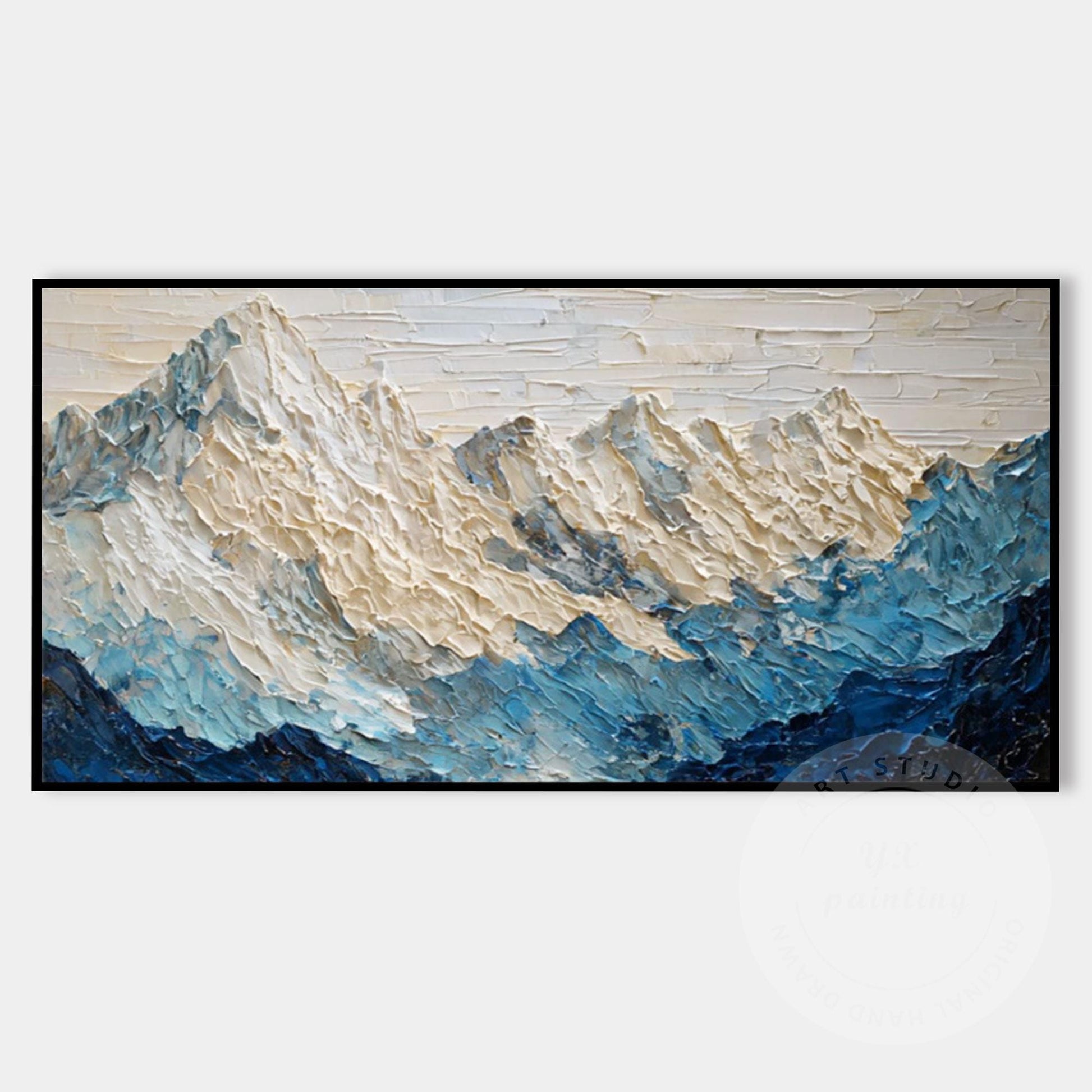 Large Textured Mountain Wall Art, Snow Peak Landscape Painting, Blue White Abstr #9