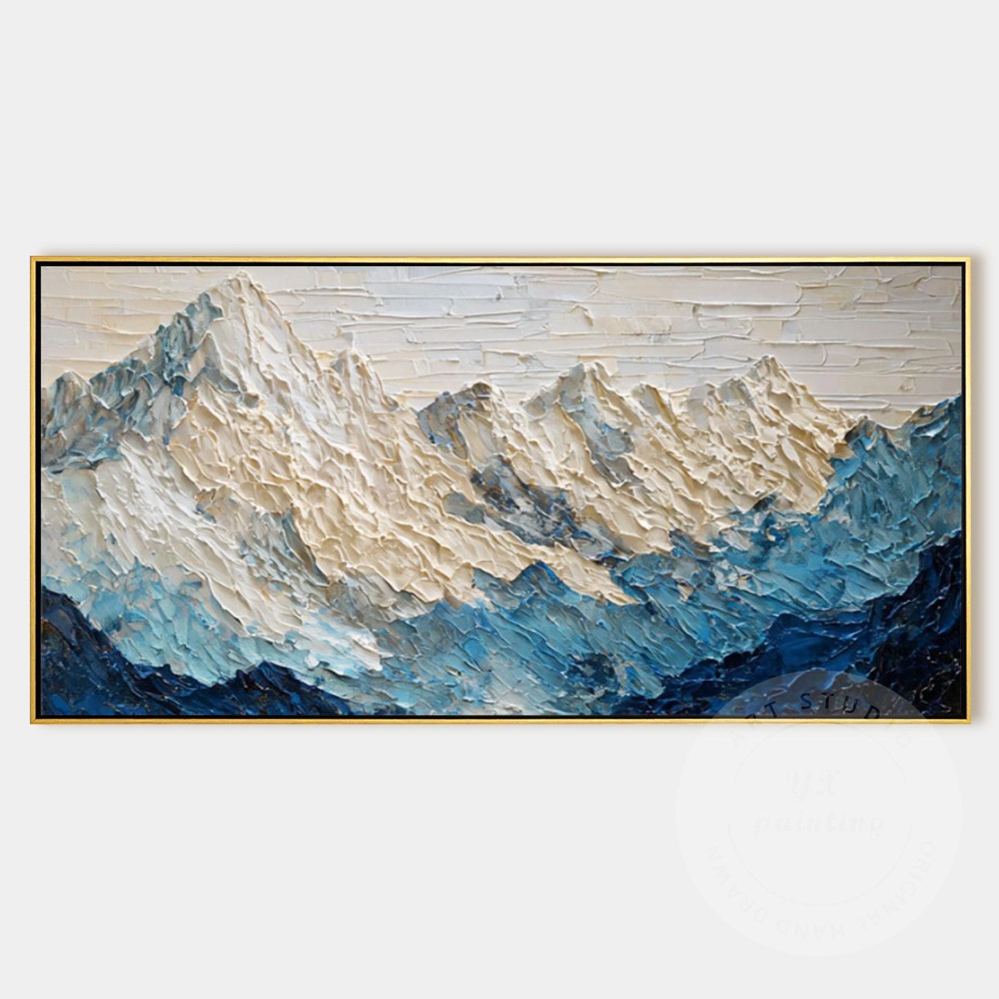 Large Textured Mountain Wall Art, Snow Peak Landscape Painting, Blue White Abstr #10