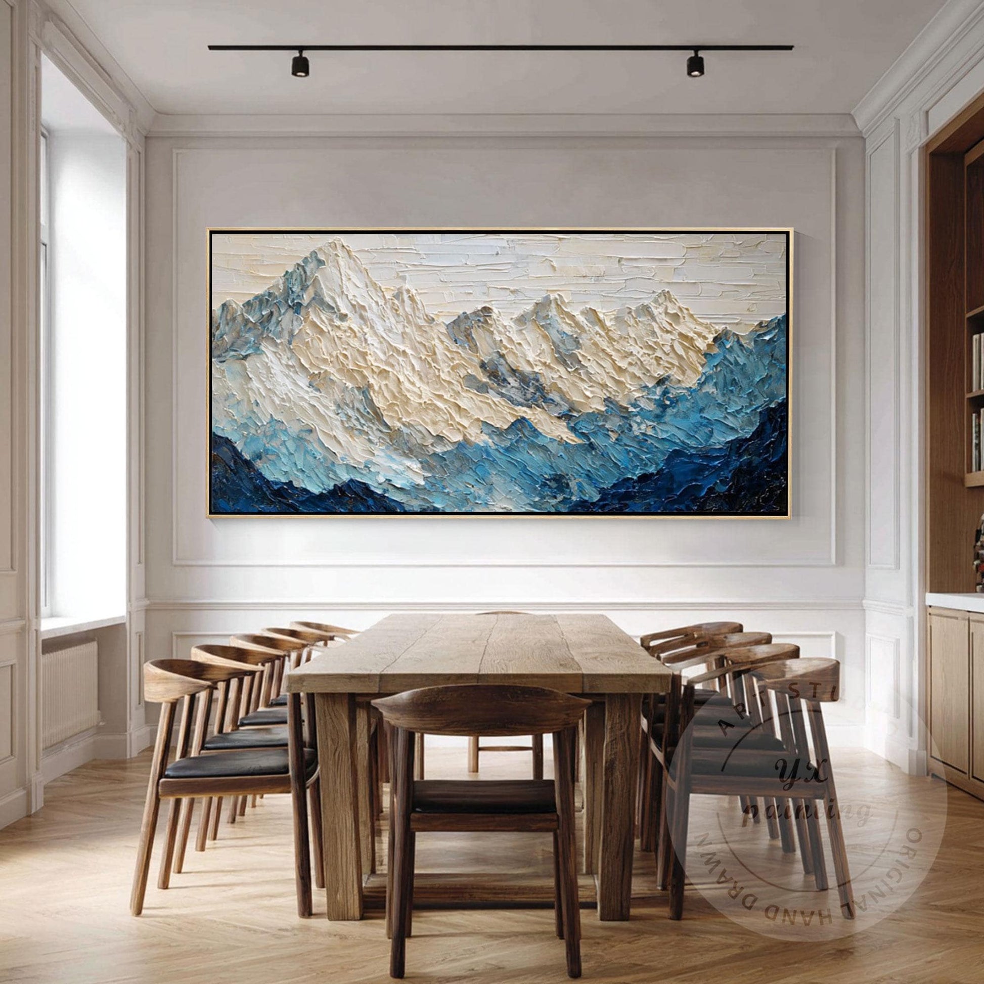 Large Textured Mountain Wall Art, Snow Peak Landscape Painting, Blue White Abstr #1