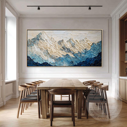 Large Textured Mountain Wall Art, Snow Peak Landscape Painting, Blue White Abstr #1