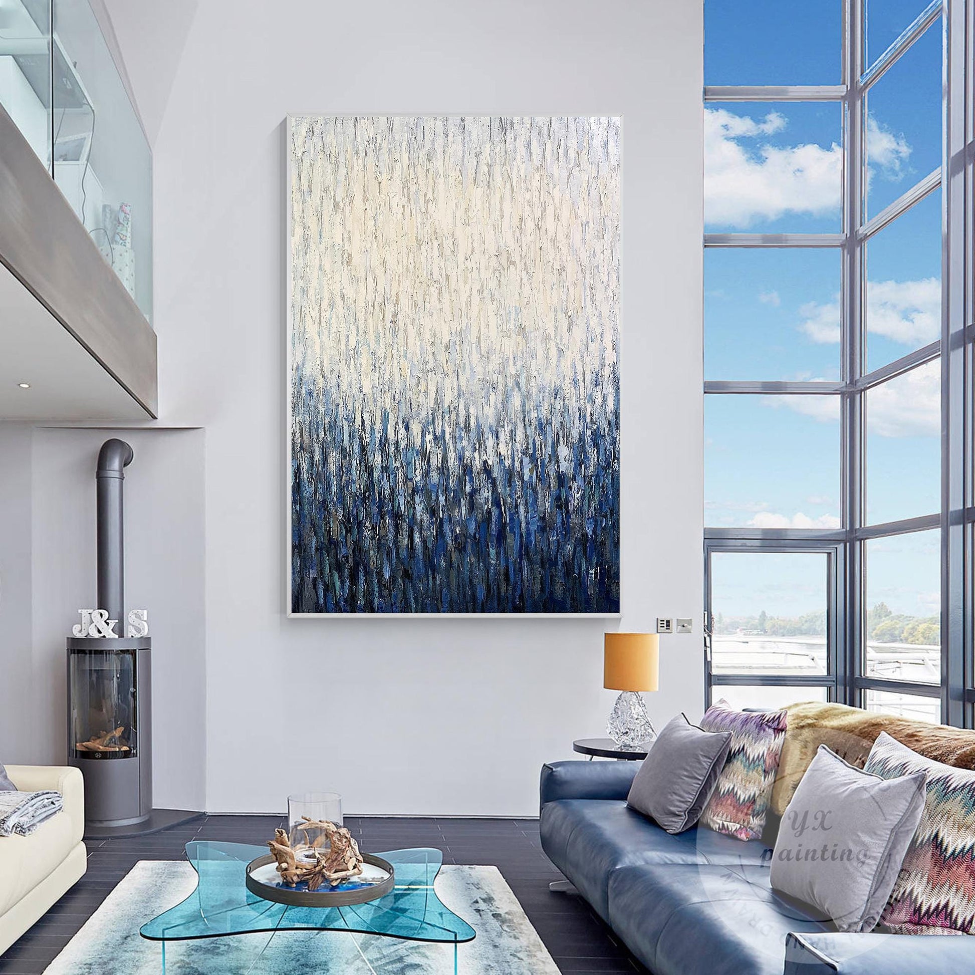 Large Vertical Abstract Canvas, Blue White Textured Painting, Hand Painted Acryl #2