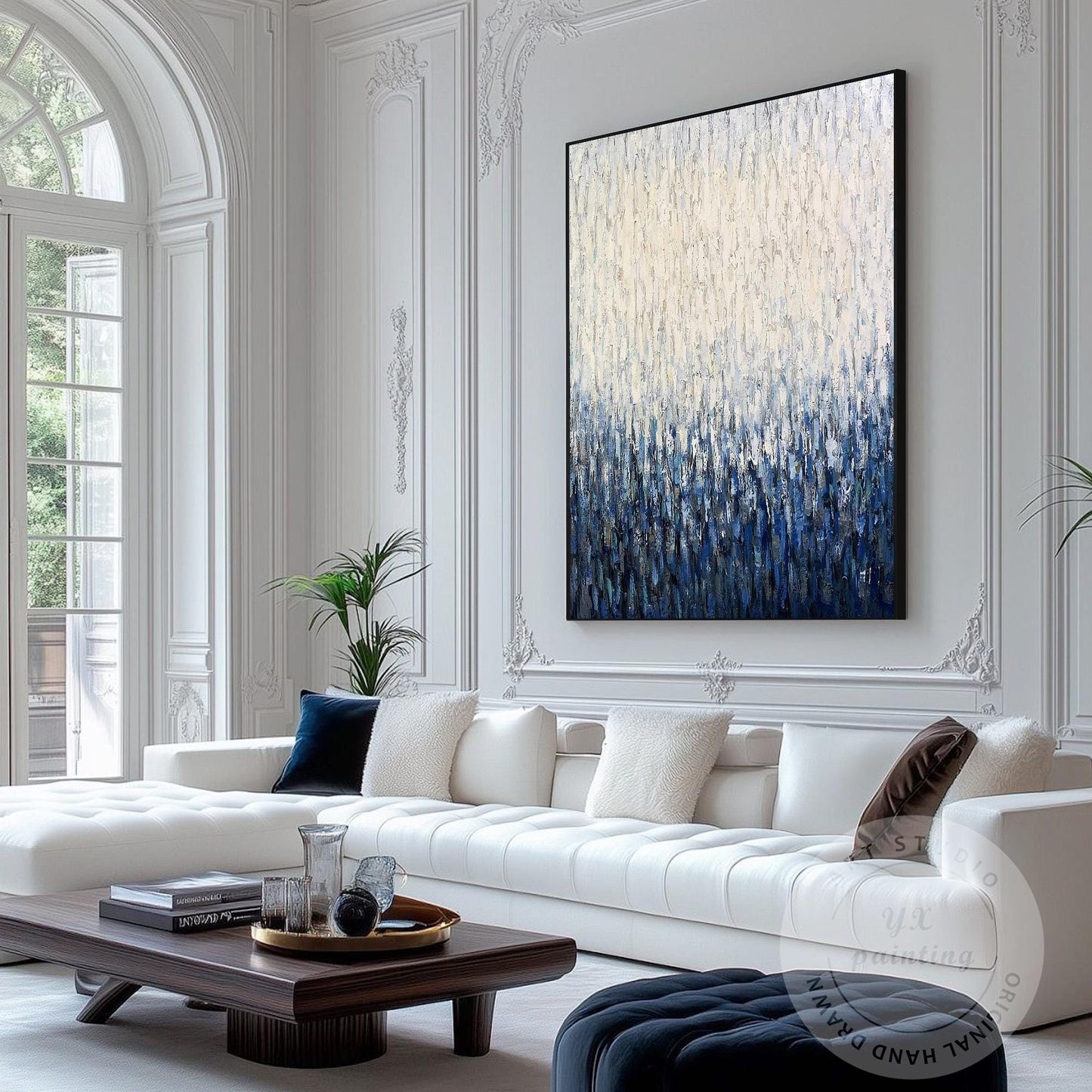 Large Vertical Abstract Canvas, Blue White Textured Painting, Hand Painted Acryl #3