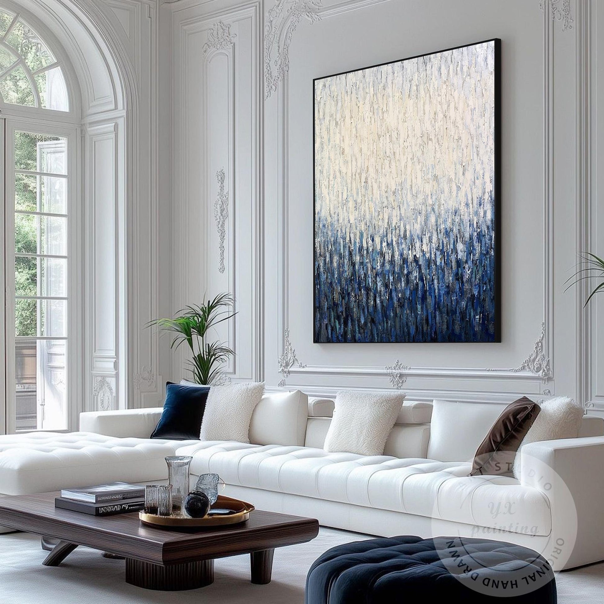 Large Vertical Abstract Canvas, Blue White Textured Painting, Hand Painted Acryl #3