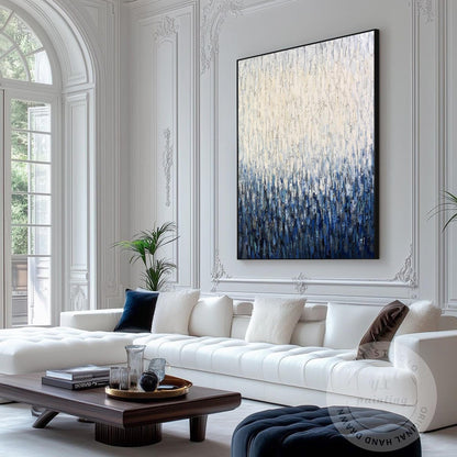Large Vertical Abstract Canvas, Blue White Textured Painting, Hand Painted Acryl #3